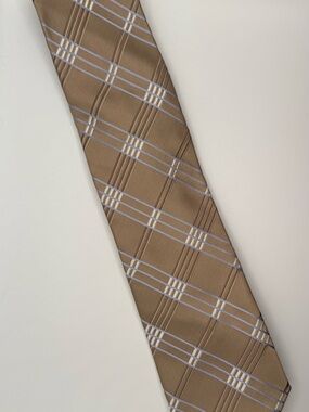 Michael Kors Mens Silk Necktie Taupe Brown Blue Plaid Check Satin Tie